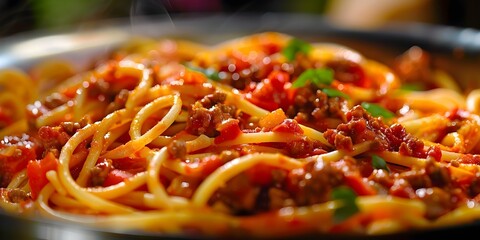 Wall Mural - A platter of spaghetti bolognese topped with meat sauce ready to be served. Concept Food Photography, Italian Cuisine, Spaghetti Bolognese, Gourmet Dish, Culinary Art