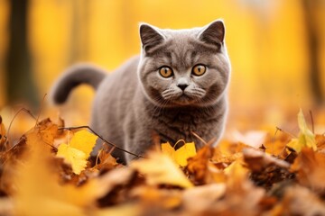 Wall Mural - Medium shot portrait photography of a curious british shorthair cat hunting in front of rich autumn landscape