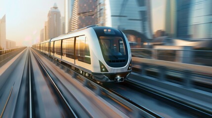 Aufkleber - A sleek metro train speeding through an urban landscape, symbolizing efficient city transit