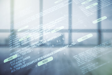 Poster - Multi exposure of abstract software development hologram on empty modern office background, research and analytics concept