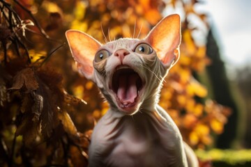 Wall Mural - Medium shot portrait photography of a curious devon rex cat yawning isolated on rich autumn landscape