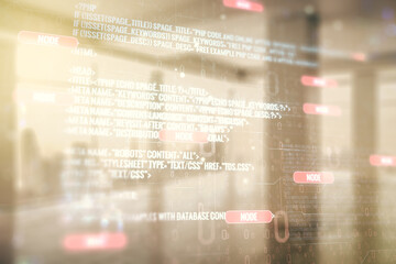 Aufkleber - Multi exposure of abstract software development hologram on empty modern office background, research and analytics concept