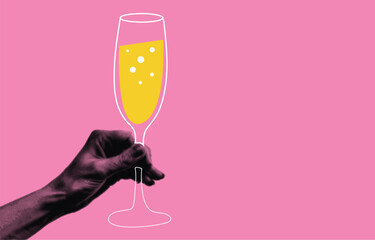 A hand holding a celebration drink. modern halftone collage design element