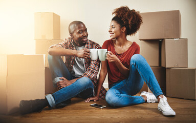 Poster - Black couple, cheers and coffee on floor of new home with bonding, support and happy for break from moving. People, homeowner and toast for property investment, dream house and relocation with boxes