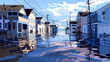 Street view of a flooded neighborhood with houses and power lines reflected in the water. Digital illustration depicting a natural disaster concept.