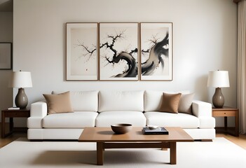 A minimalist living room with a white sofa, wooden coffee table, and abstract art pieces on the wall,on the wall are two paintings of Japanese zen art