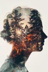 Wall Mural - A double exposure of a woman's face with trees and fire, AI