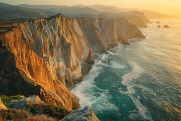 Wall Mural - Coastal Cliffs, Golden hour light on rugged cliffs, Cliffs overlooking the ocean, High-angle view, Warm tones of sunset, Golden hour before sunset