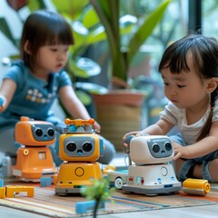 Two little girls are playing with three cute robots on the floor in the living room