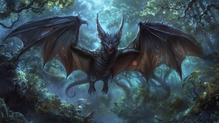 Wall Mural - A painting of a dragon with large wings in the woods, AI