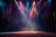 Mysterious Theater Stage with Dramatic Lighting and Atmospheric Fog