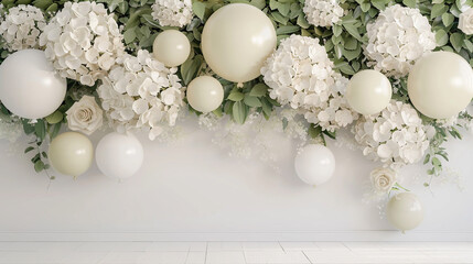 Wall Mural - A sophisticated balloon wall adorned with realistic hydrangeas and roses in a palette of whites and creams, set against a clean white floor, offering a luxurious spring setting in neutral colors.