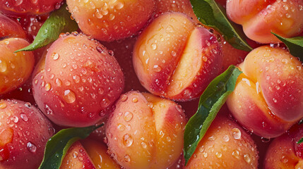 Wall Mural - Peaches with leaves in a wooden box with peach in halves on top. Flat lay composition with ripe juicy peaches. Harvest of peaches for food or juice. Top view fresh organic fruit, vegan food.