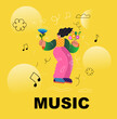 Music illustration with a girl wearing headphones. 