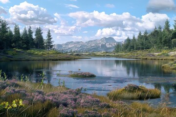 Poster - Tranquil mountain lake in a valley with blooming heather in the foreground