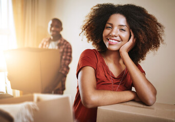 Poster - Black woman, portrait and happy by box of new house with break, relax from moving and mortgage. People, homeowner and face with smile for property investment, dream home and relocation to apartment