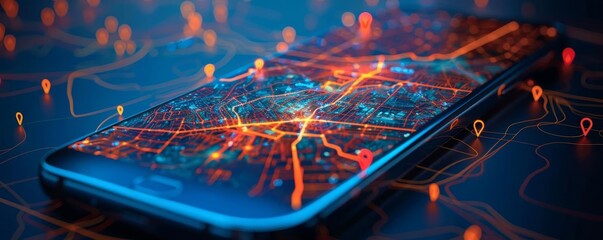 Wall Mural - A cell phone with a map of a city on it. The map is lit up with orange and blue colors