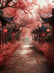 Sticker - Chinese courtyard with red lanterns and pink flowers