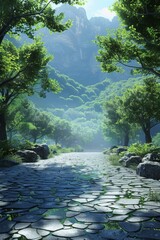 Poster - Stone path through a lush green forest