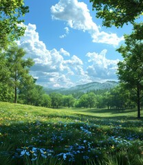 Wall Mural - Green rolling hills with flowers and blue sky