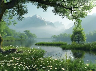 Poster - Misty Mountains and Lake in the Valley with Trees and Flowers