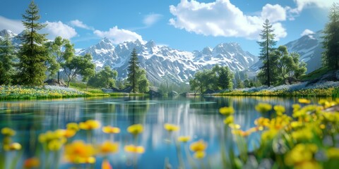 Poster - Tranquil mountain lake in the valley with blooming yellow wildflowers on the shore