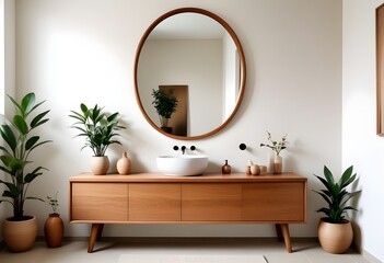 A modern wooden vanity with a large oval mirror, decorative vases, and a potted plant in a minimalist bathroom setting. on the wall are two paintings of Japanese zen art.the visuals are very high qual