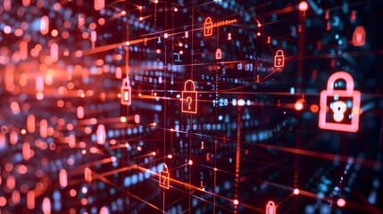 Poster - A computer screen shows a series. The locks are arranged in a grid pattern, with some of them overlapping each other. Concept of security and protection