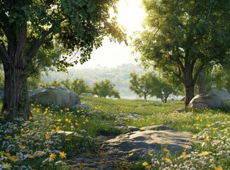 Poster - Trees and flowers in a field