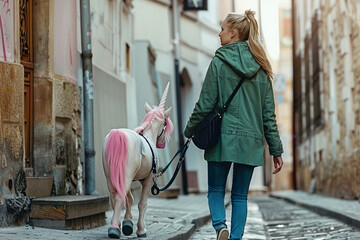 caucasian stylish woman in coat walking with Unicorn with pink mane, on the street, dreamlike romantic atmospheric