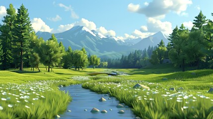 Canvas Print - Small river flowing through a lush green valley with snow-capped mountains in the distance