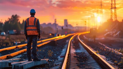 A worker in a hard hat and safety vest stands on a railway track, watching the sunset.