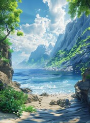 Wall Mural - Rocky beach with beautiful blue sea and green mountains in the background