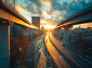 The elevated expressway in the city at sunset