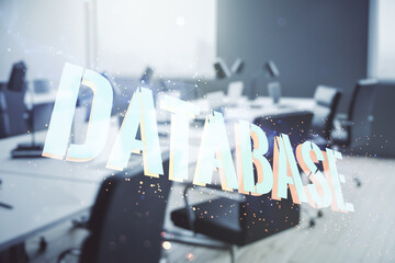 Poster - Double exposure of Database word sign on a modern furnished office background, global research and analytics concept