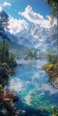 Canvas Print - Mountains, lake and trees landscape