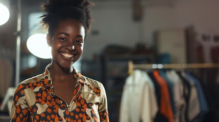 Aufkleber - Fashion industry black woman and designer portrait of clothing tailor with business vision Smile startup and small business entrepreneur with happiness and business growth feeling work : Generative AI