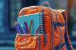An orange backpack stuffed with school supplies including colored pencils and notebooks, ready for a new academic year.
