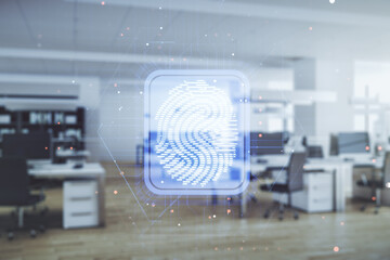 Poster - Double exposure of virtual creative fingerprint hologram on a modern furnished office interior background, protection of personal information concept
