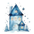 Watercolor blue winter house surrounded by snow and stars, isolated on white background.