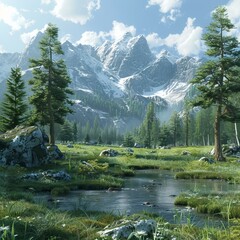 Wall Mural - Tranquil Mountain Stream in a Lush Green Valley