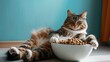 An overweight cat lounging beside a bowl of kibble, indulging in a lazy snack