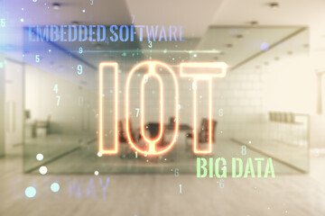 Poster - Abstract virtual IOT hologram on a modern furnished office background. Multiexposure