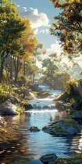 Canvas Print - A beautiful landscape with a river flowing through a forest