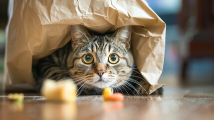 Poster - An overweight cat squeezing into a tight space to reach a bag of treats