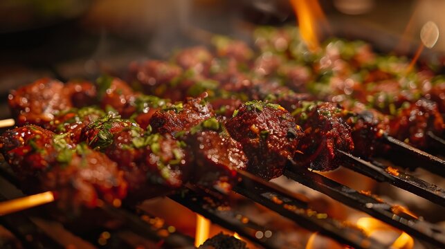 A close-up photograph of a skewer of juicy kababs sizzling on a grill, with aromatic spices and charred edges enticing the senses