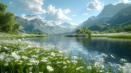 Canvas Print - Tranquil mountain lake and blooming chamomile flowers in the foreground