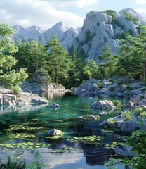 Canvas Print - Tranquil Mountain Lake Scenery with Rocky Shoreline and Lush Forest