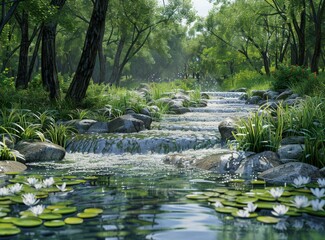 Sticker - Small river flowing through a lush sunlit forest