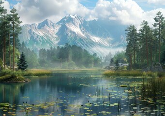 Canvas Print - Tranquil mountain lake in a valley with dense coniferous forest on the shore